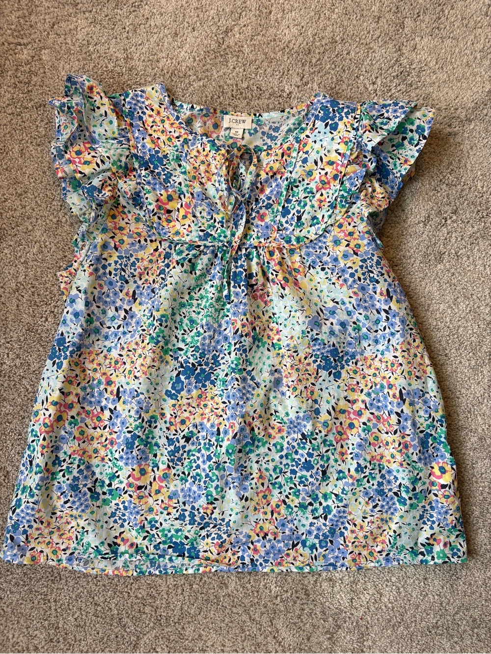 J. Crew Floral Flutter-Sleeve Tie-Front Top - Blue Multi